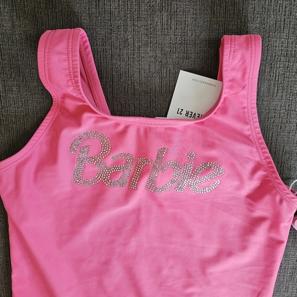 Barbie x Forever 21 Barbie Pink Rhinestone Bling One-Piece Swimsuit Girl Sz 9/10 - Picture 10 of 14